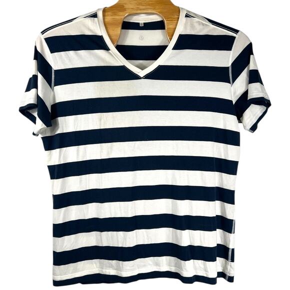 Lululemon Navy & White Striped V-Neck T-Shirt - XXL - Picture 1 of 5